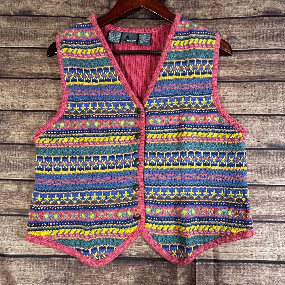 Vtg Lizwear Liz Claireborn Fair Isle Sweater‎ Vest Pink Button Cottage Granny M